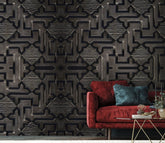 Monolith cube with labyrinth pattern floating above concrete floor