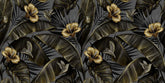 Stick Golden hibiscus flowers vintage palm banana leaves