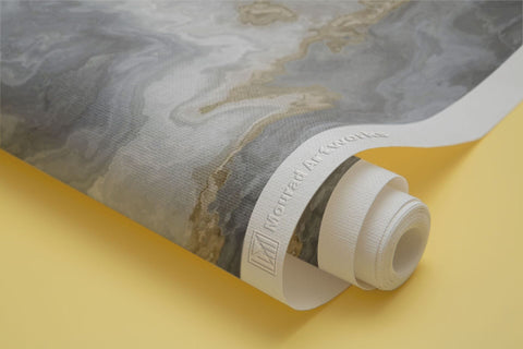 White marble pattern with curly grey and golden veins.