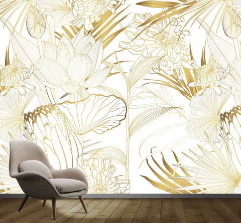Gilded Botanicals Mural Wallpaper:  Nature's Elegance in Gold