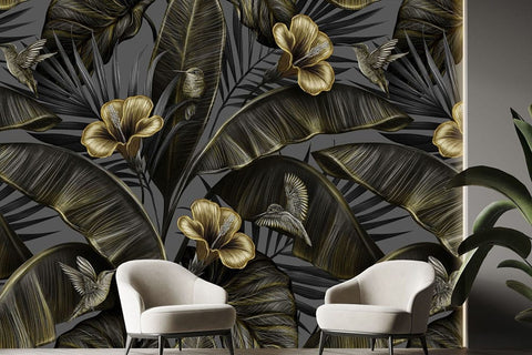 Stick Golden hibiscus flowers vintage palm banana leaves
