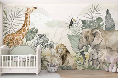 Kids Tropical Animals with Leafs Wallpaper Mural