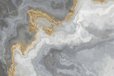 White marble pattern with curly grey and golden veins.