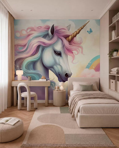 Unicorn in a cloudy sky with a rainbow