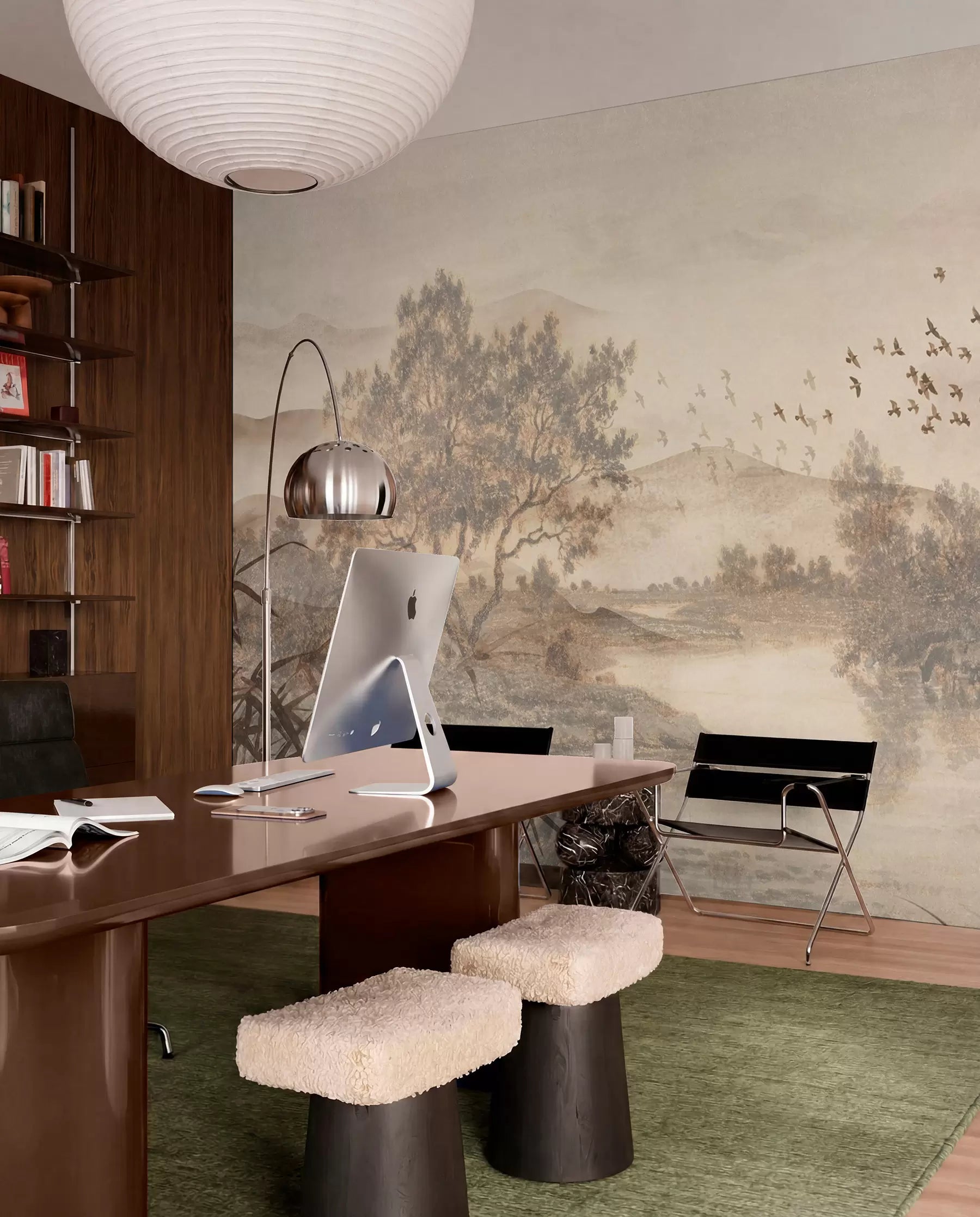 Sepia landscape wall mural with birds flying over a misty river and trees in a home office with a walnut desk