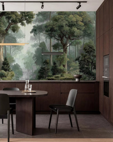 Painted shadowy forest wall mural with tall trees in a dark kitchen with a round dining table