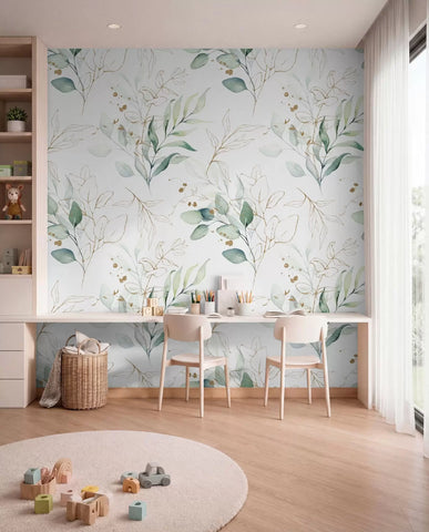 Watercolor green sprigs and fine gold lines wall mural in a kids' study room with a long white desk