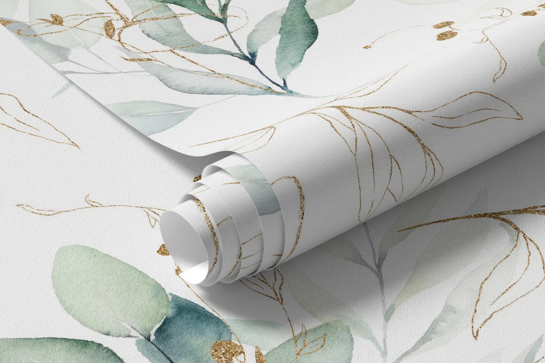 Rolled green sprigs mural wallpaper with eucalyptus leaves and gold lines