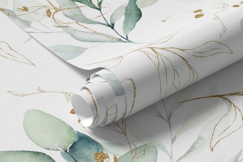 Rolled green sprigs mural wallpaper with eucalyptus leaves and gold lines
