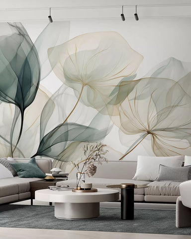 Veiled leaves mural in a living room with a cream sofa