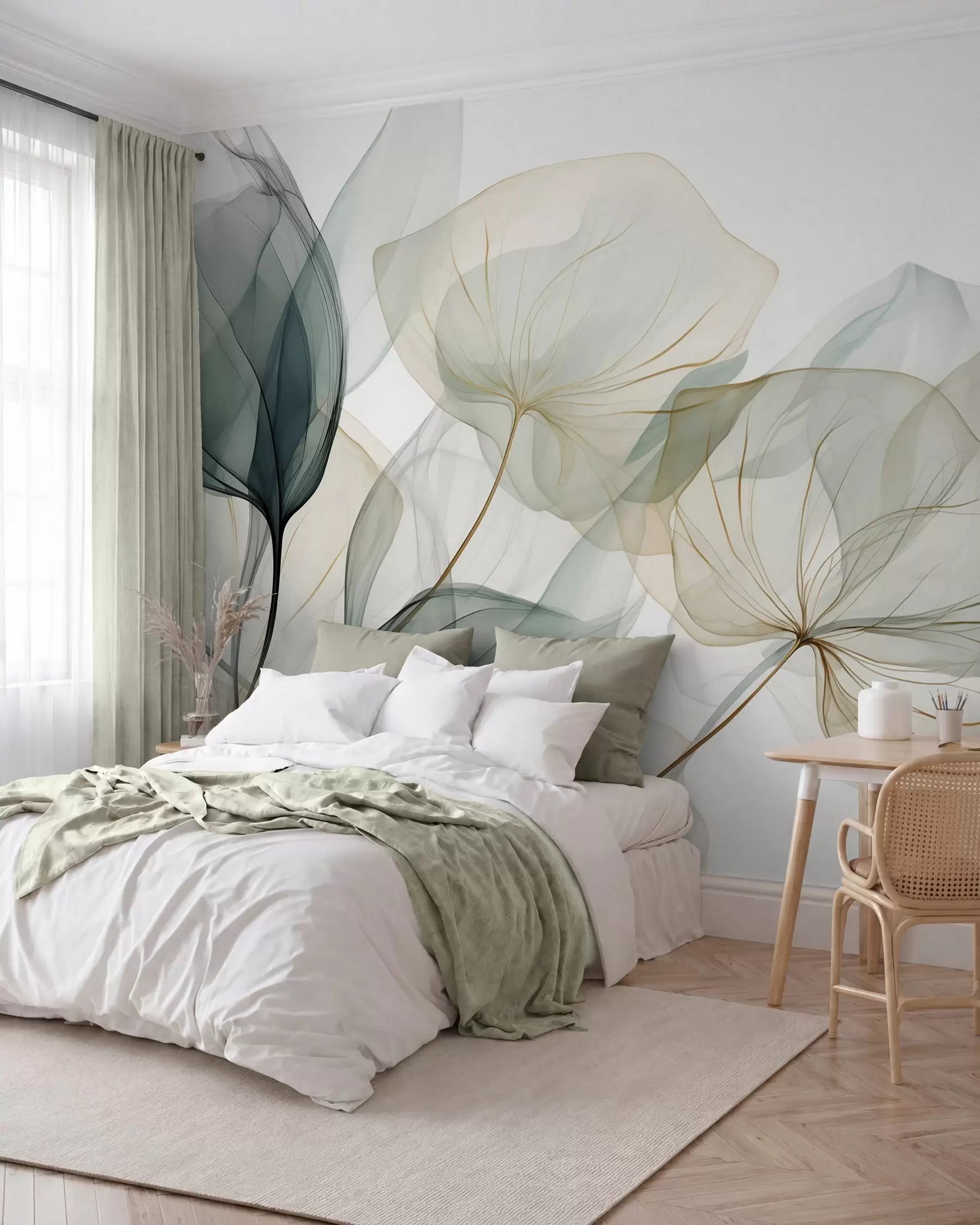 Translucent grey-green leaves with fine gold lines wall mural behind a bed