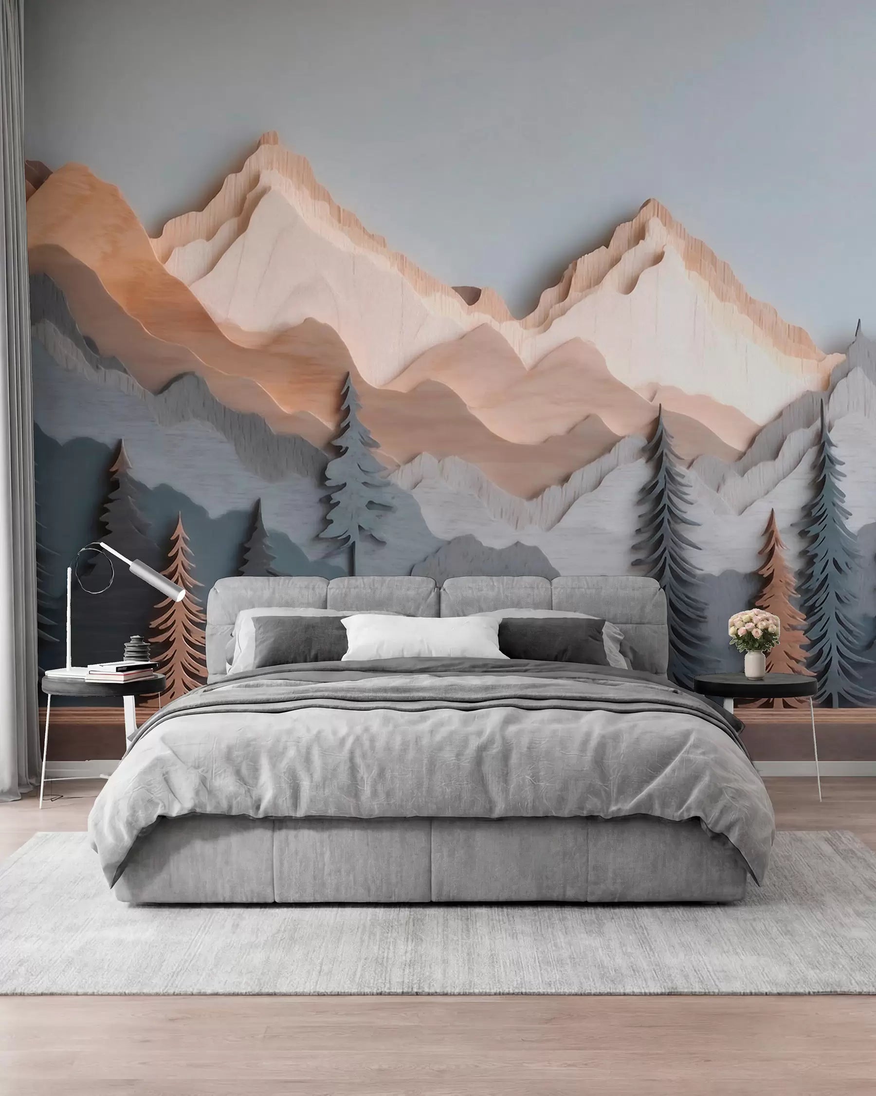 Layered copper and grey mountain mural behind a bed with grey bedding