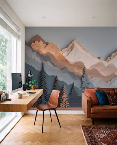 3D carved mountain layers wall mural in copper and grey with pine trees in a home office with a leather sofa