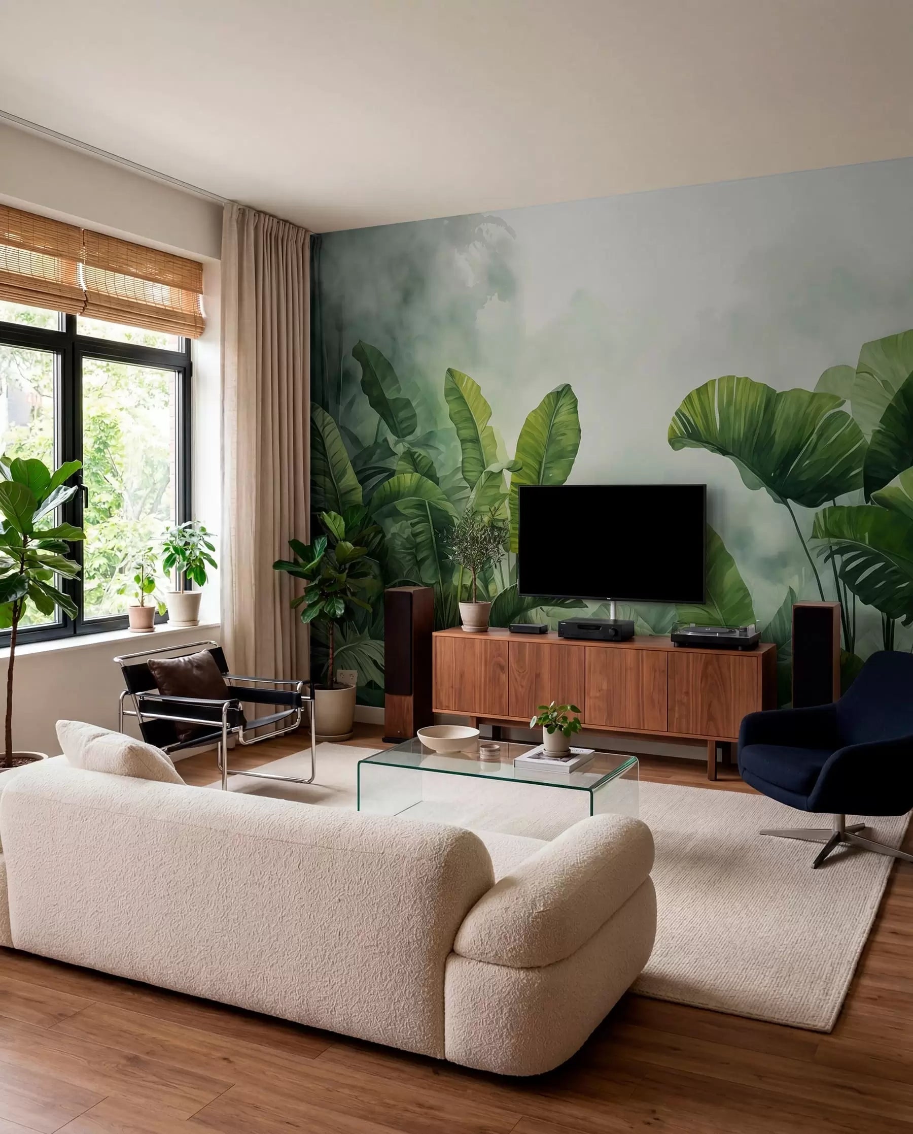 Tropical leaves in the mist mural behind a TV unit and cream sofa