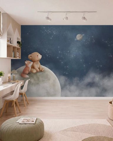 Pastel illustration bear and fox night sky