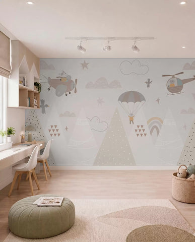 Beige mountains with helicopter, aeroplane and animals