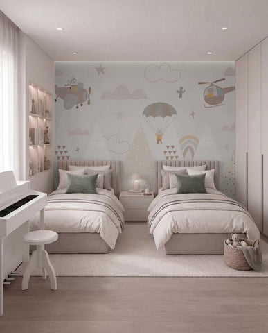 Beige mountains with helicopter, aeroplane and animals