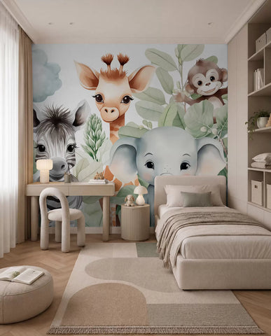 Giraffe, zebra, elephant and monkey among the foliage