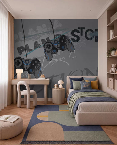 Kids wallpaper for teenager with joysticks and graphic lettering in grey