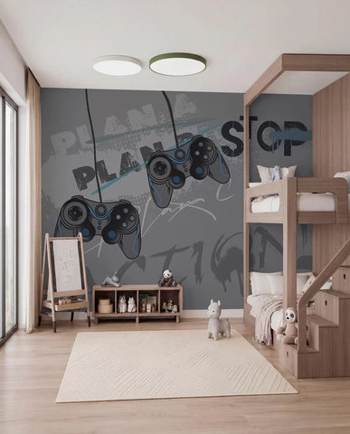 Kids wallpaper for teenager with joysticks and graphic lettering in grey