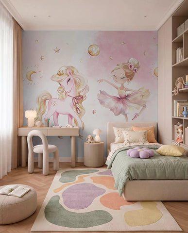 Unicorn and ballerina in a pink fairy tale, children's story