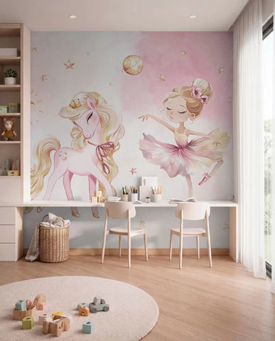 Unicorn and ballerina in a pink fairy tale, children's story
