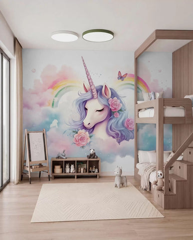 Pastel unicorn in clouds with rainbow and roses