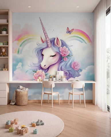 Pastel unicorn in clouds with rainbow and roses