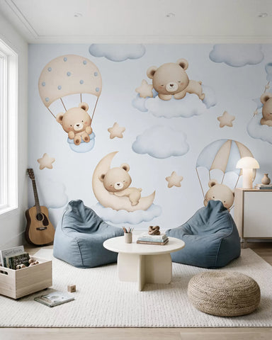Bears on parachutes and clouds on a blue background