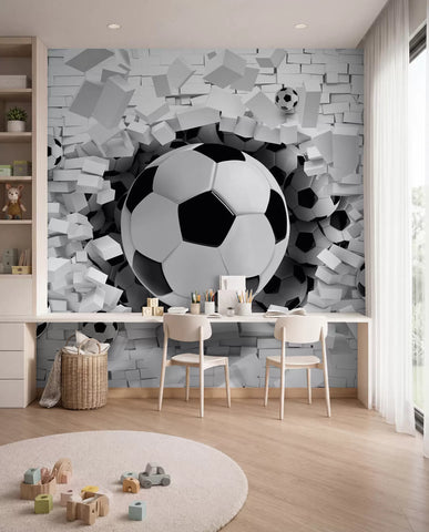 Soccer balls breaking through the wall