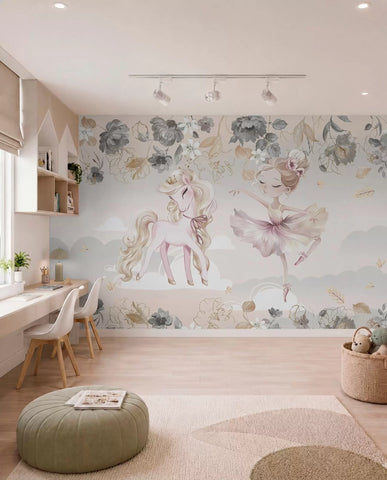 Snow-white pony and ballerina among flowers and clouds