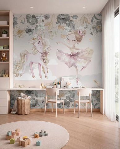 Snow-white pony and ballerina among flowers and clouds