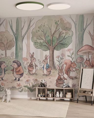 Fairytale woodland animals in a forest in watercolor style