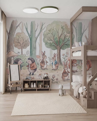 Fairytale woodland animals in a forest in watercolor style