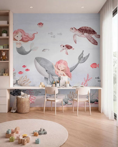 Underwater world with mermaids and fishes