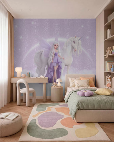 A fairy with a unicorn among the clouds