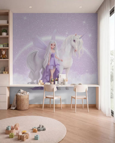 A fairy with a unicorn among the clouds