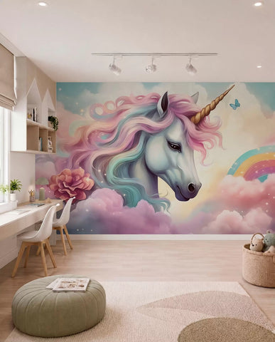 Unicorn in a cloudy sky with a rainbow