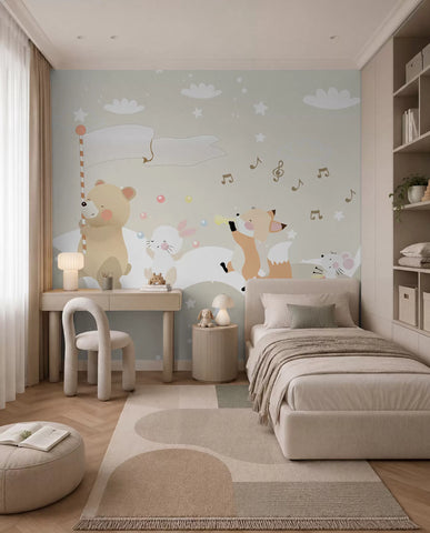 Wallpaper design for children's room with cute animals in pink colors