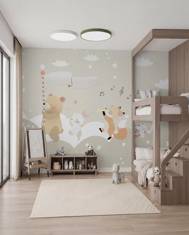 Wallpaper design for children's room with cute animals in pink colors