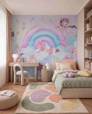 Fairies and unicorns among clouds and rainbows