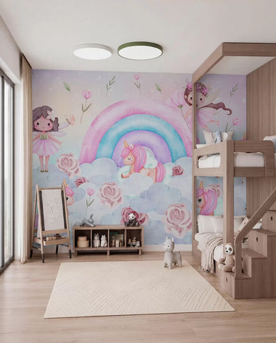 Fairies and unicorns among clouds and rainbows