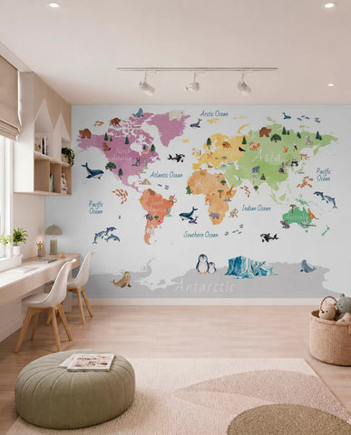 A watercolor-style color map featuring animals, plants, and architecture. Labels in English