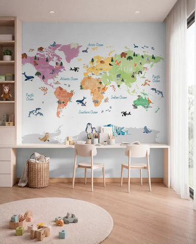 A watercolor-style color map featuring animals, plants, and architecture. Labels in English