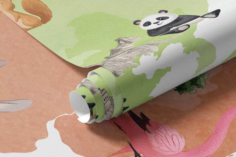 A watercolor-style color map featuring animals, plants, and architecture. Labels in English