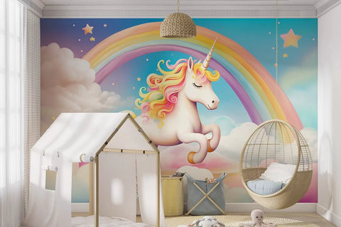 A unicorn horse with a rainbow, clouds, and a starry sky