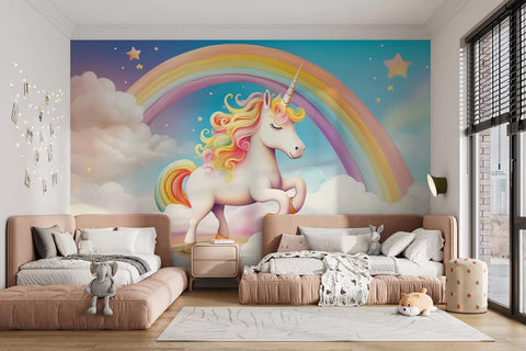 A unicorn horse with a rainbow, clouds, and a starry sky
