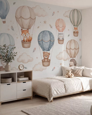 Woodland animals in hot air balloons, watercolor style, pastel palette