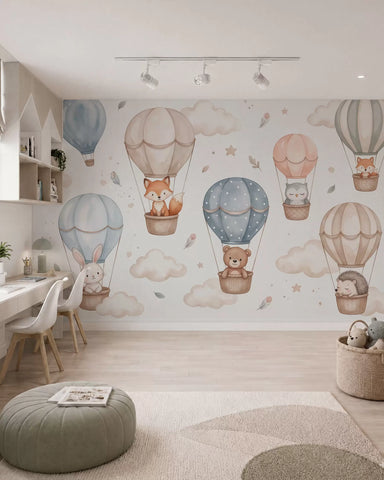 Woodland animals in hot air balloons, watercolor style, pastel palette