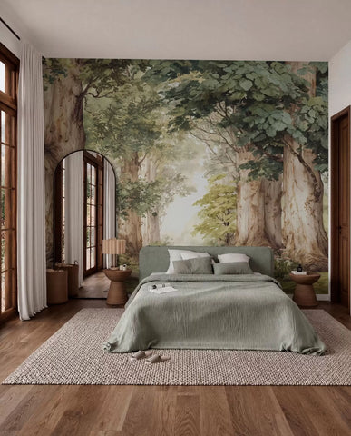 Forest path among majestic trees in watercolor style